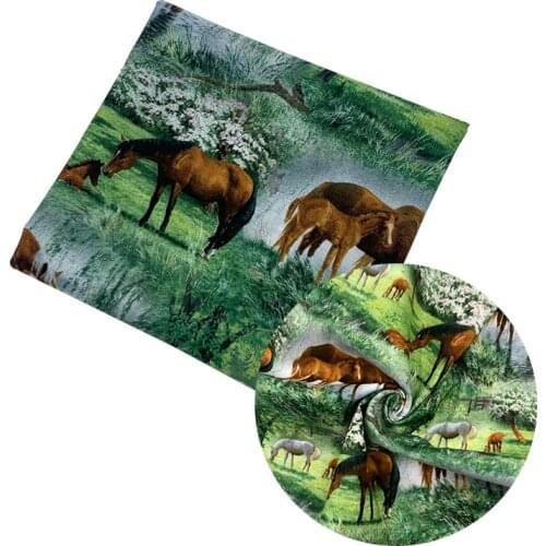 Beautiful Digital Printing 100% Cotton Fabric Green Grassland Horse Pattern Sewing Material Children Fabric Diy Shirt Clothing