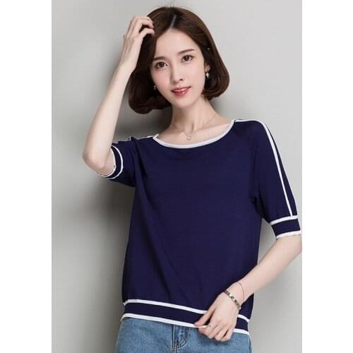 Summer Knitted Crop Short Sleeve Stripe Tops Women Basic O-neck sweater Casual Solid Color Loose Pullover Female loose jumper