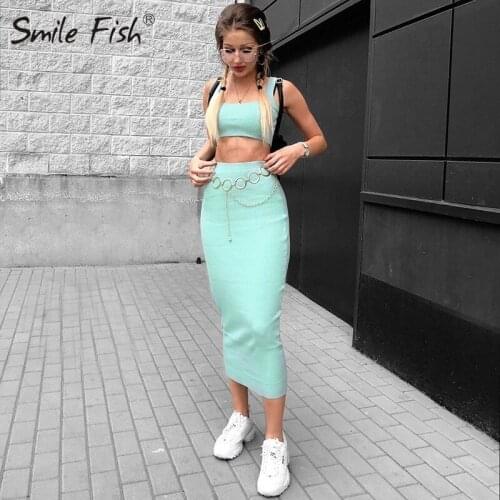Neon Green Ribbed Knitted Women 2 Piece Set Matching Crop Top Long Skirt Sexy Party Clubwear 2020 Summer Vest Sets Bodycon M0272