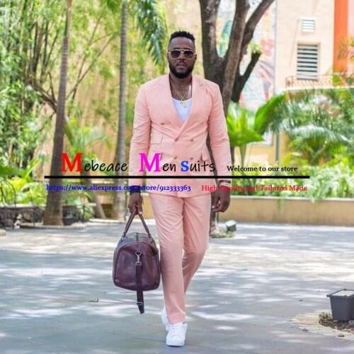Pink Mens Tailor-Made Suits Peaked Lapel Tailored Formal Tuxedos For Wedding Male 2 Pcs Double Breasted Groomsmen Jackets+Pant
