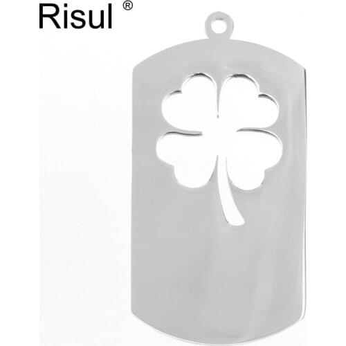 Risul four-leaf clover in Dog tag charms women popular pendant necklace DIY print Stainless steel mirror polish wholesale 50pcs