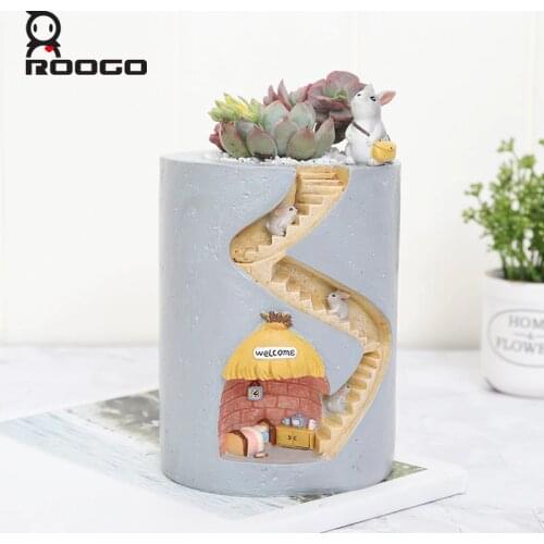 Roogo Resin Flower Pots Rabbit Home Garden Decoration FlowerPot Fairy House Succulents Plants For Desktop Decor Child Pen Holder