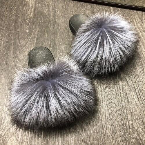High quality natural fox fur slides for women girls furry slides ladies flat house slippers