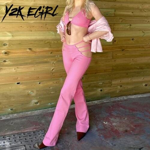 Y2K EGIRL Y2K Aesthetics Pink Cut Out Pants Suits Vintage 2000s Sexy Deep V Crop Tanks and High Waist Pants 2 Piece Co-ord Sets