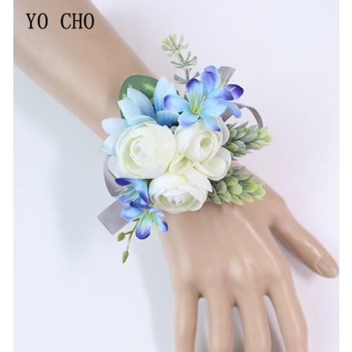 YO CHO White Silk Roses Wedding Flowers Wrist Corsage Bracelet Bridesmaid Blue Groom Boutonnieres Men Marriage Wedding Supplies