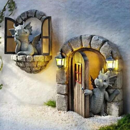 Funny Garden Statue Dinosaur out the Door Sculpture Wall Art Resin Ornaments for Home Outdoor Decoration