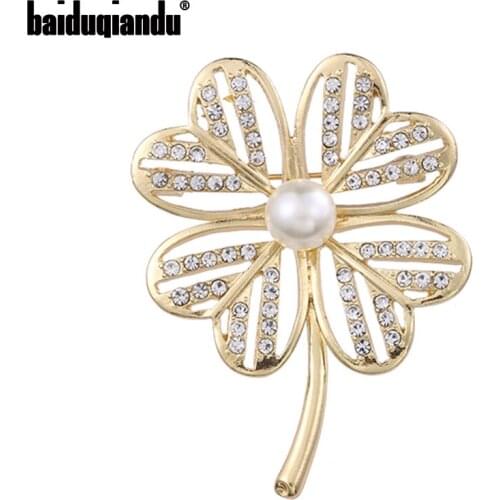 Baiduqiandu Four Leaf and Rhinestones Lapel Pins For Women Or Men 2 designs Gold Plated Pearl Jewelry Factory Sale
