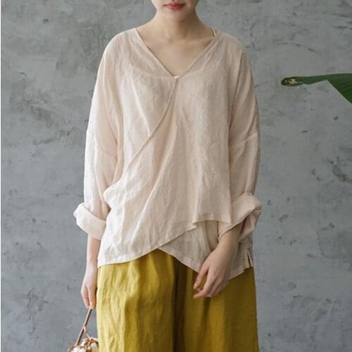 Johnature Spring Summer Cotton Linen Comfortable All-match Lace Up Shirt 2021 New 3 Color V-neck Button Women Irregular Shirts