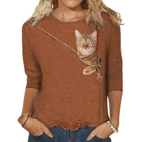 5XL Plus Size 3D Zipper Cat Print Women Tshirts Casual Loose Long Sleeve New Spring Autumn T Shirt For Women 2021 Top Ladies