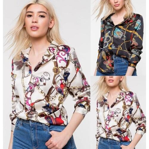 Hot Womens Casual Long Sleeve Chains Print Ladies Casual Shirt Tops V Neck Blouse Tee Fashion Creative Blouses Blusas Femininas