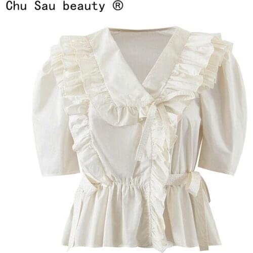 Summer Shirt Women New Fashion Slim Casual Chic V-neck Ruffled White Blouse Office Ladies Short Top