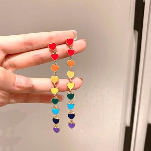 2021 Korean Colorful Enamel Metal Heart Long Dangle Earrings For Women Fashion Jewelry Statement Temperament Pendientes Brincos