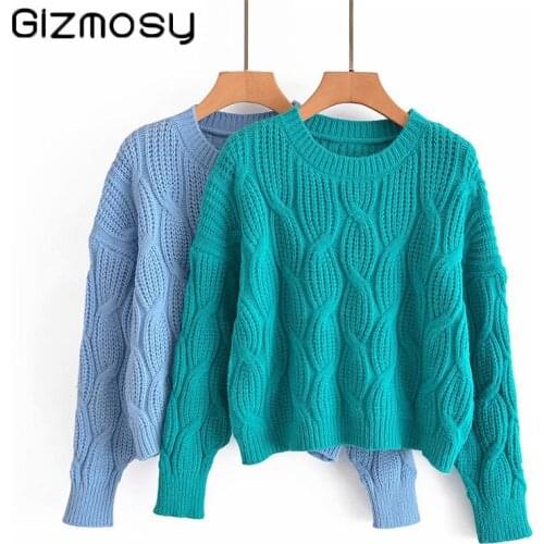 Gizmosy Women 2021 Fashion Twist Crop Knitted Sweater Jumper O Neck Female Casual Hollow Elegant Loose Pullovers Chic Tops
