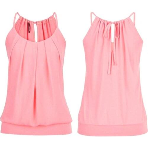 Womens Tops 2021 Sumemr Casual Women Camisole Sleeveless O Neck Solid Color Bandage Pleated Vest Blouse for Work