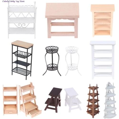1Pc 1:12 Dollhouse Wood Plastic Metal Shelf Flower Stand Mini Doll House Furniture Model Simulation Furniture Accessories