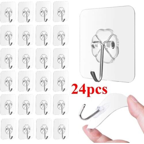 24pcs Transparent Suction Cup Hooks Seamless Sucker Hanger For Kitchen Bathroom Multifunction Strong Organizer