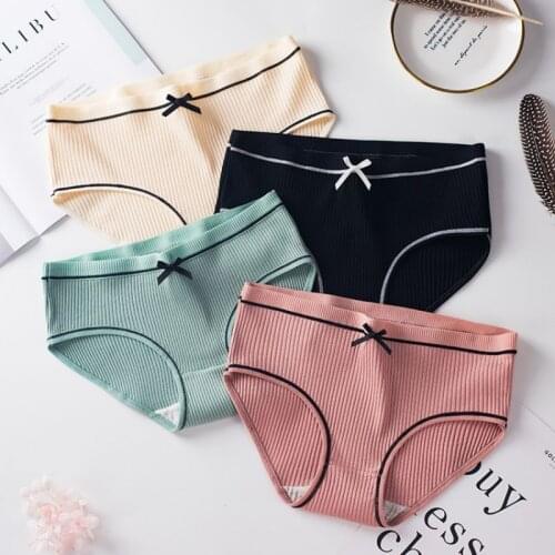 3Pcs/Set Cotton Panties Womens Bowknot Breathable Soft Sexy Mid-waist Girl Briefs Plus Size Female Sexy Lingerie Solid Color