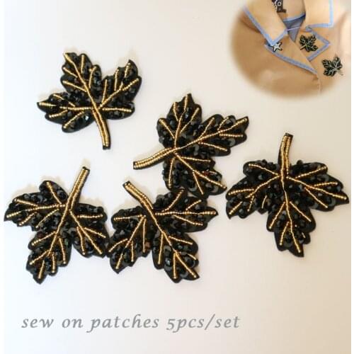 5pc/set maple leaf beaded patches for clothing Black flower Rhinestone appliques Sequins parche DIY clothes accessories