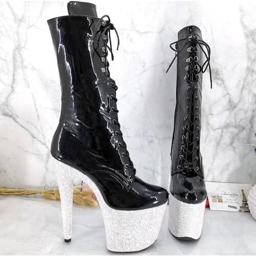 Leecabe White Glitter platform with Shinny Black upper 20CM/8inches High Heel platform Pole Dance boots