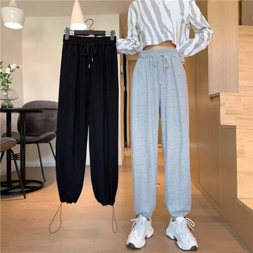 Spring Summer Trousers Women High Elastic Waist Long Pants Loose Sprot Casual Cotton Trousers Lace Up Black Gray Thin Streetwear