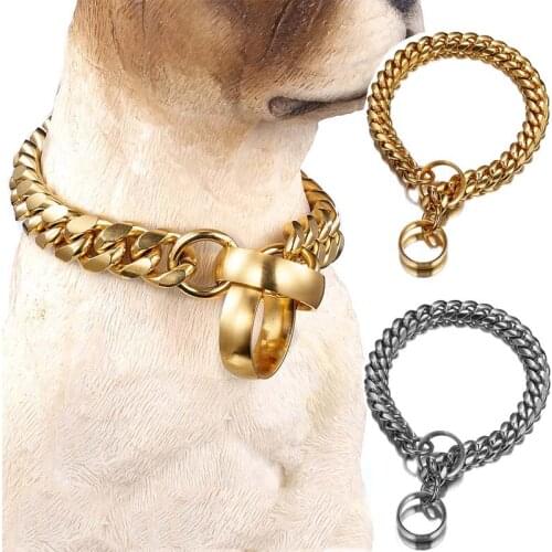 14mm Width Dog Chain Stainless Steel Metal Training Pet Collar 18K Gold Silver Plated Dog Accessories Necklace for Large Dogs