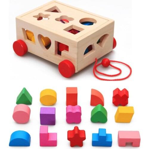 Wooden Blocks Shape Sorter Walking Pull Along Car Model Handmade model toy Educational Kids Toy Children Shape cognition gifts