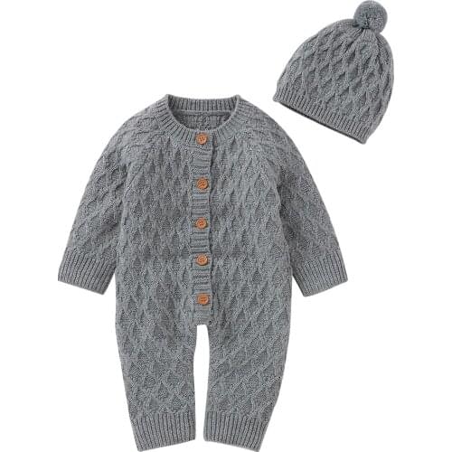 Baby Romper Newborn Boy Girl Clothes Toddler Soft Solid Jumpsuit Clothing Infant Long Sleeve Bodysuit Outfits with Warm Hat