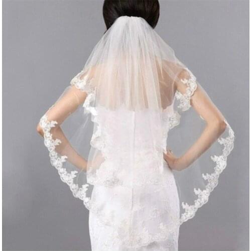 New 2 Tier Ivory Fingertip Bridal Wedding Veil with Lace Applique Edge Mantilla