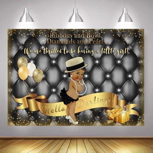 Little Girl Baby Shower Backdrop Ribbons and Bows Diamonds and Peals Party Background Gift Newborn Princess Balloons Gold Black