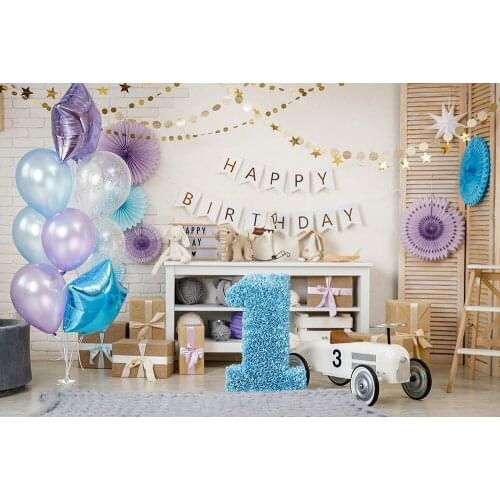 1st Birthday Backdrop 1 Year Baby Boy Diy Photo At Home One Blue Balloons Toys Cake Smash Photography Background W-3442