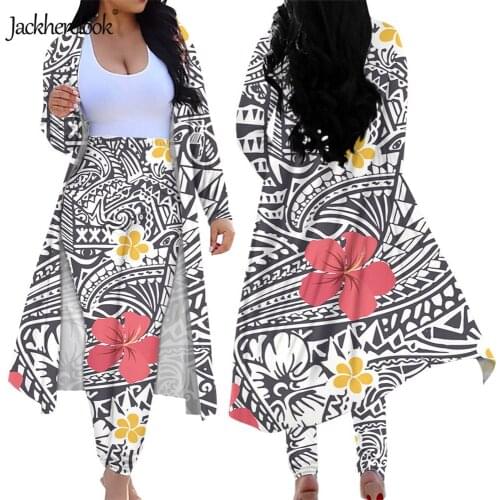 Jackherelook Polynesian Tribal Floral Print 2 Piece Outfits Open Front Kimono Cardigan and Skinny High Waisted Long Pant Legging