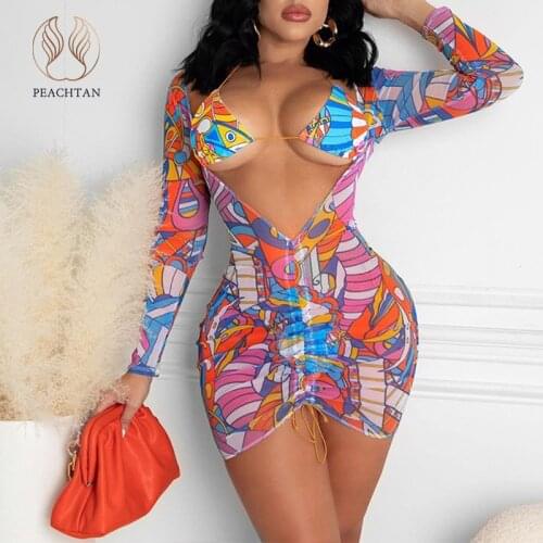 Peachtan Long sleeves 2 piece bikini set Print swimwear female Drawstring swimsuit womens swimming suit Sexy bathing suit 2021