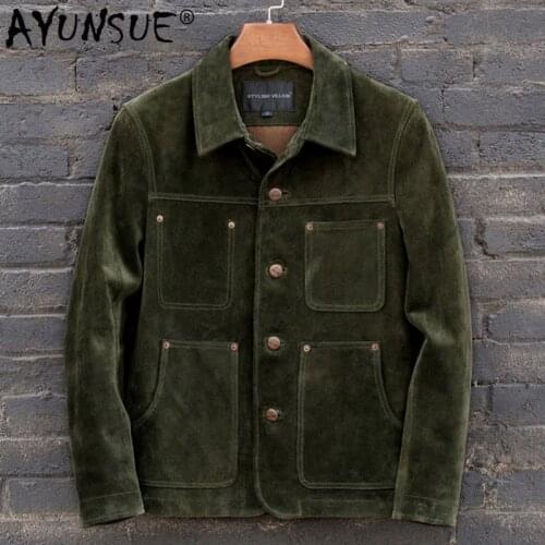 AYUNSUE Real Cow Suede Leather Jacket Men 2020 Vintage Genuine Leather Coat Man Spring Autumn Mens Leather Jackets KJ4542