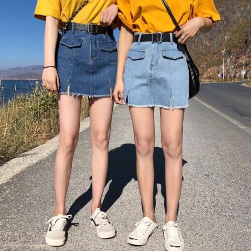 New Fashion Women Denim High Waisted Skirt Sexy Bodycon Pencil Ripped Frayed Mini Skirt Young Girls Jeans Skirt