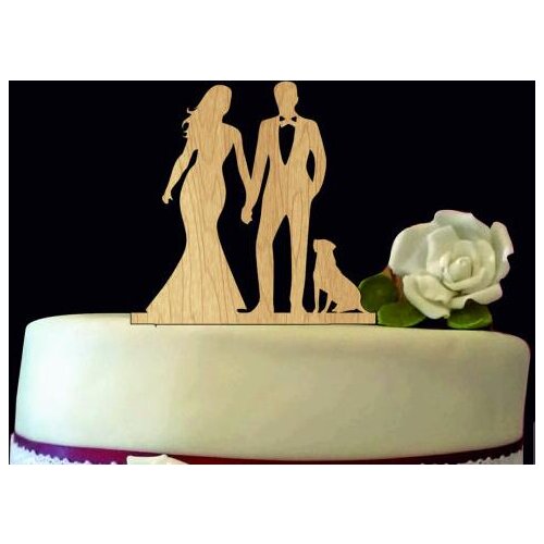 Personalized Wood Wedding Cake Toppers Silhouette Couple Mr & Mrs with cat or dog party decorations