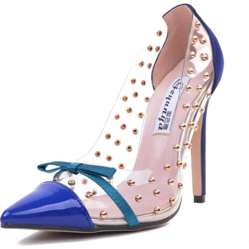 Sexy Women Pointed Toe Pumps Transparent Rivet Stiletto High Heels Lady Shoes Female Butterfly Bow Pumps For Work Big Size 41