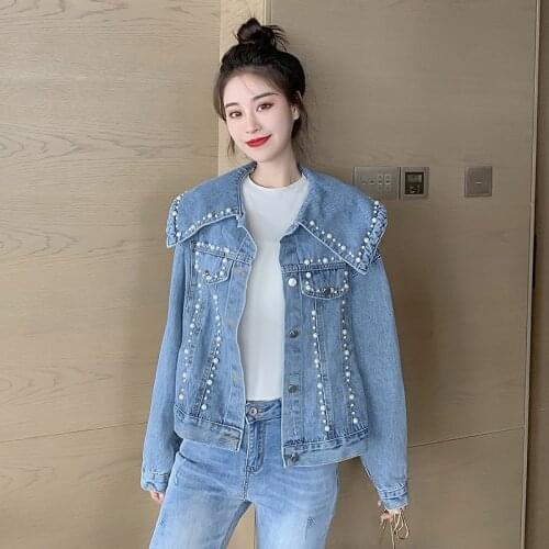Peter Pan Collar Beaded Female Denim Coats Chic Pearls Regular Outerwear Heavy Process Autumn Fashion Oversize Women Jean Jacket