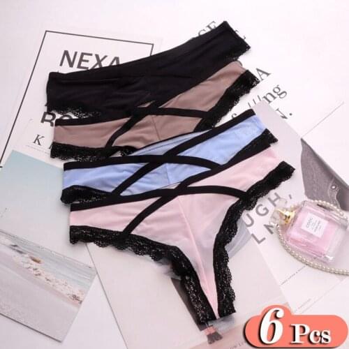 6Pcs/Lot European Style Sexy Lace Panties Sex String Women Soft Satin Underwear Thongs Female Lingerie Crtoch Cotton Briefs Set