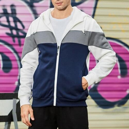 Popular Casual Men Hoodie Coat Color Block Zipper Autumn Winter Hooded Drawstring Pockets Sweatshirt Male Clothes for Daily Wear