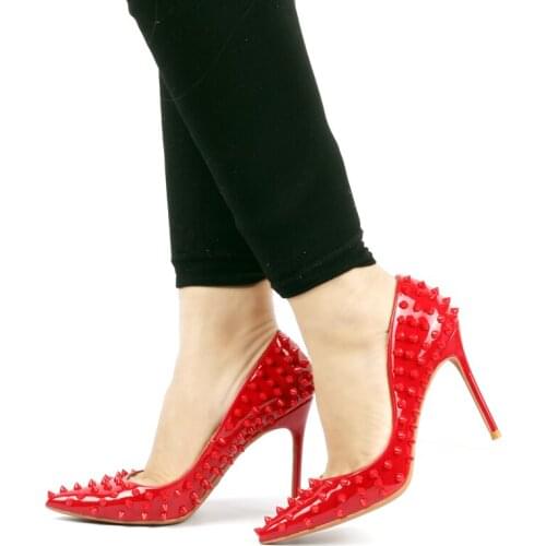 Patent Leather Pointed Toe Pumps Sexy Shallow Mouth Super Fine Heel Rivet High Heels Anti-wolf Nail Womens Shoes