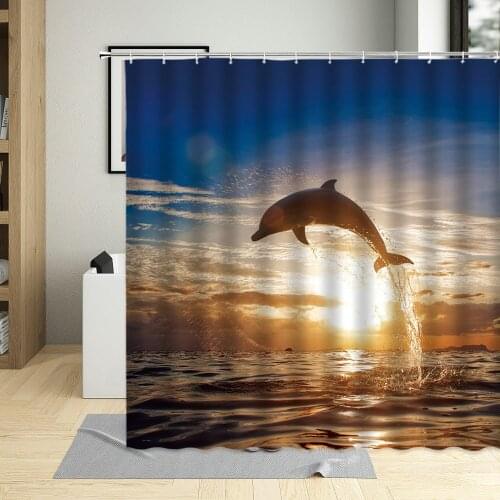 Sunset Ocean Landscape Shower Curtain Seabed Animal Dolphin 3D Printing Waterproof Fabric Hanging Curtains With Hooks Home Decor