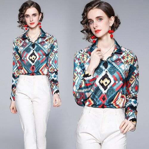 Floral Print blouse women Full Long Sleeves blusas mujer de moda Turn Down Collar blusas mujer Blue Color tunique femme Tops Hot