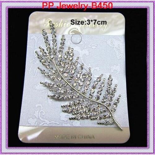 Bright Sparkly Clear Crystal Feather Shaped Women Brooch Silver Plated Leaf Brooch Pins