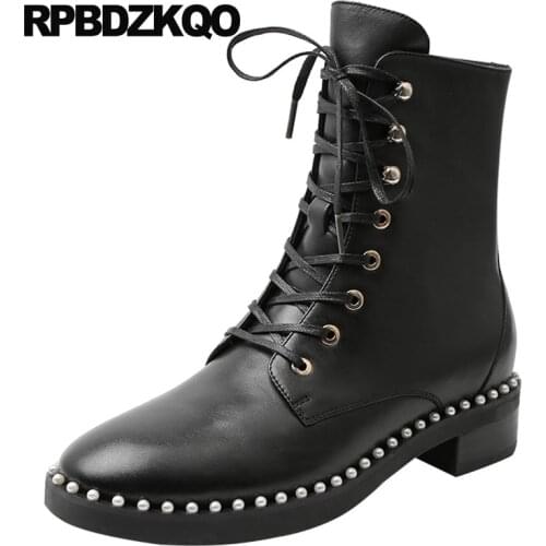 Pearl Brand Chunky Military Shoes Custom Block Black Round Toe Fall Women Combat 2021 Front Lace Up Casual Ankle Boots Autumn