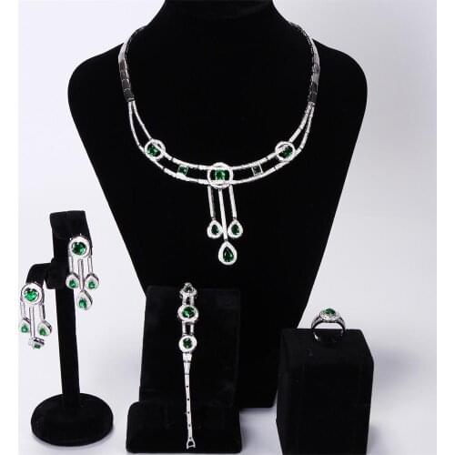 Women Bridal Jewelry Sets rhodium plated with Cubic zircon 4pcs sets ( necklace + bracelet + earrings + ring) free shipment