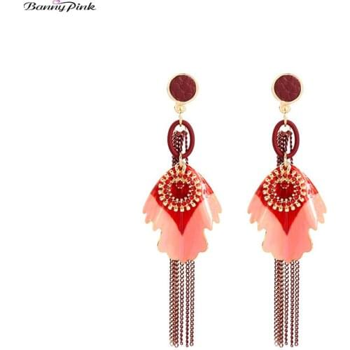 Banny Pink Bohemia Long Tassel Stud Earrings For Women Layer Enamel Geometric Statement Earrings Party Fringe Post Earrings
