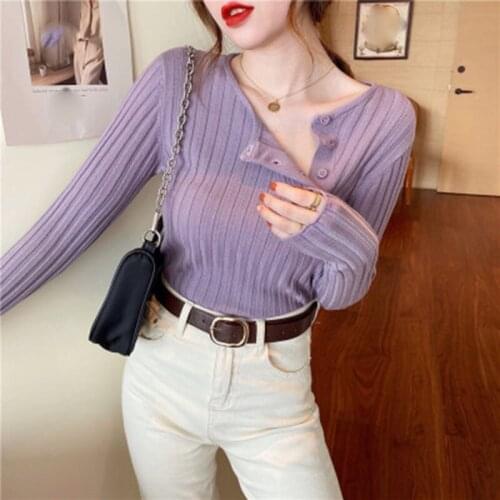 Women Spring and Autumn Knitted T-Shirts Button Decor Long Sleeve Solid Color Office Lady Slim Sexy Pullovers Top