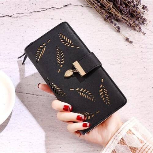 2021 Women Wallet PU Leather Purse Female Long Wallet Gold Hollow Leaves Pouch Handbag For Women Coin Purse Card Holders Clutch
