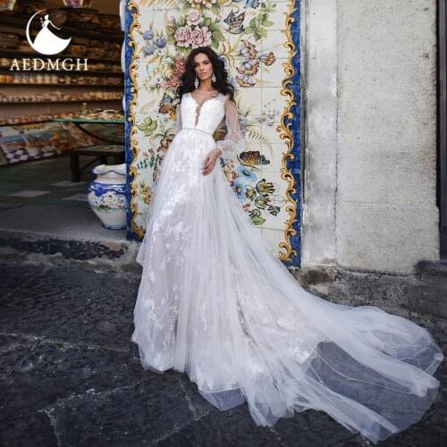 Aedmgh A-Line Beach Wedding Dresses 2021 V-Neck Illusion Long Sleeve 2 In 1 Vestido De Novia Lace Appliques Robe De Mariee