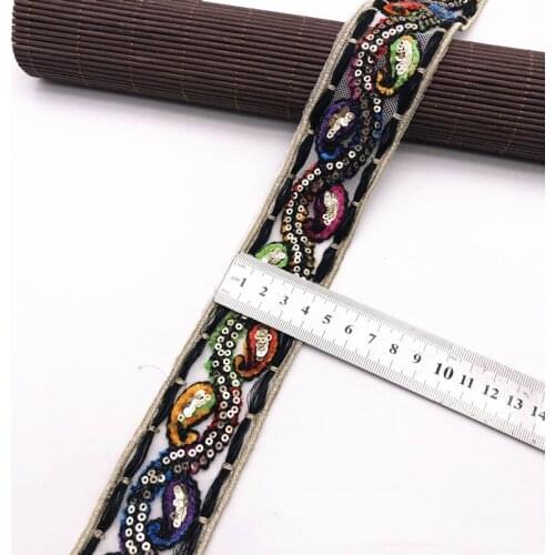 1 Yards Embroidery Flower Lace Trim Ribbon Sequin Fabric Embroidered Trimmings for Sewing Ethnic Tribal Applique